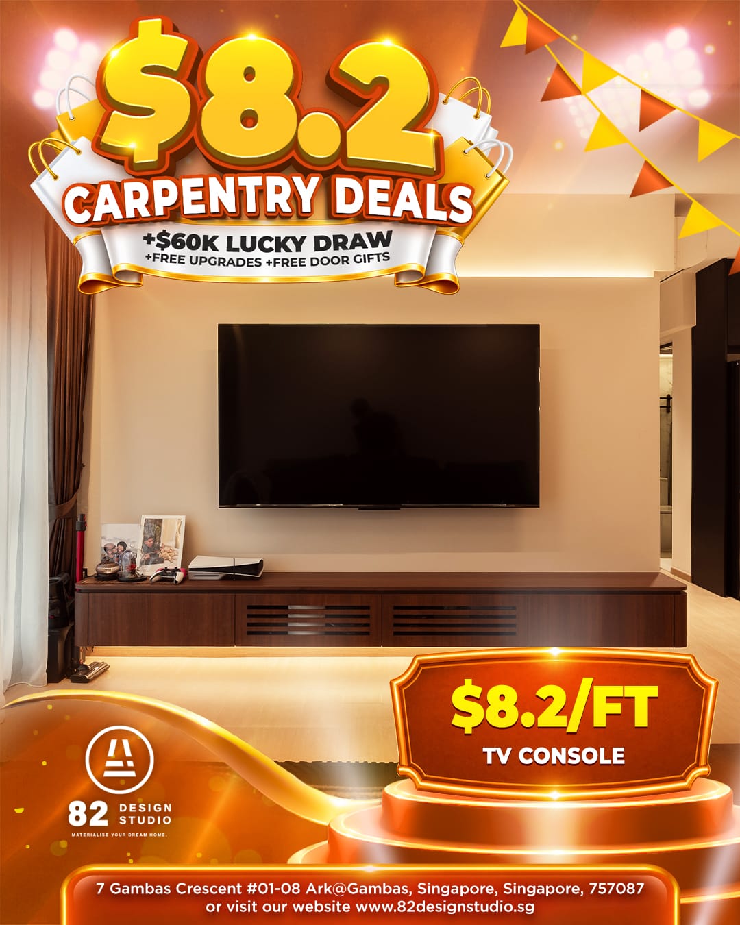 TV console carpentry promotion at $8.2 per foot